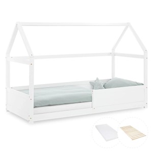 Weißes Homestyle4u Kinder Hausbett 90x200 cm aus Kiefernholz mit Rausfallschutz, Matratze & Lattenrost.