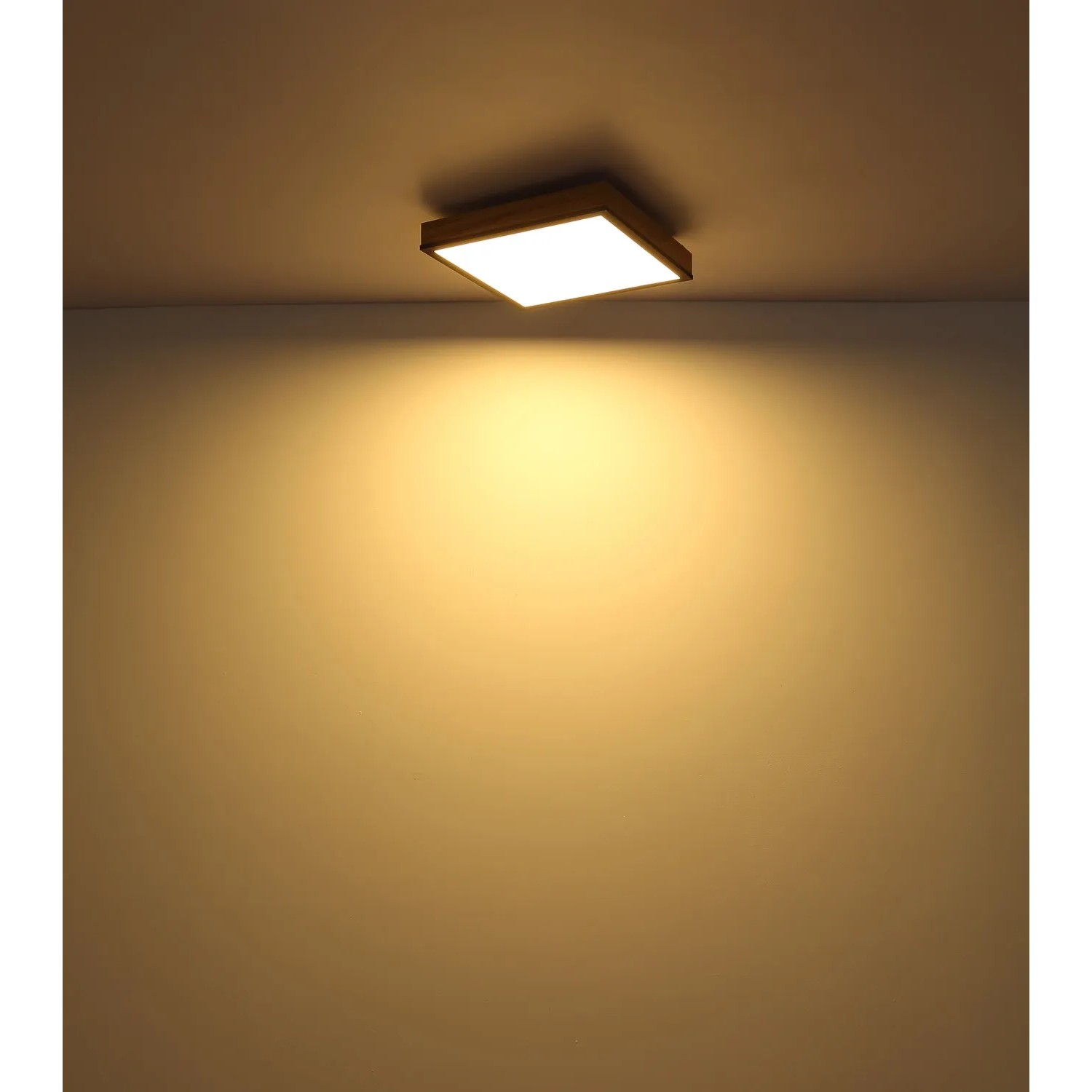 Quadratische LED-Deckenleuchte Doro in Holzfarben/Graphit, 45x45 cm. Dimmbar mit Fernbedienung.