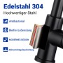 Detailaufnahme: Schwarze AICA Küchenarmatur mit ausziehbarer Brause, Materialzusammensetzung.