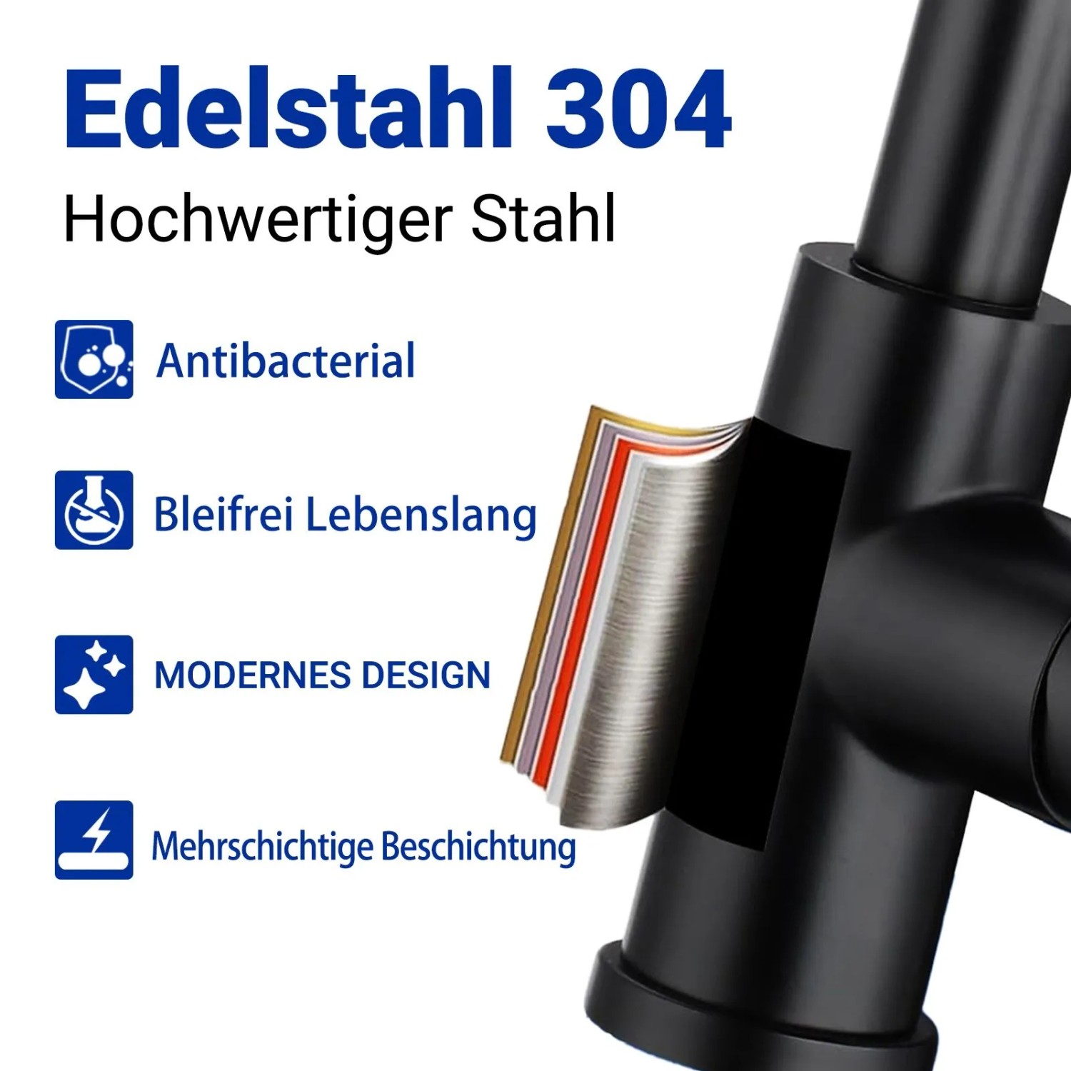 Detailaufnahme: Schwarze AICA Küchenarmatur mit ausziehbarer Brause, Materialzusammensetzung.