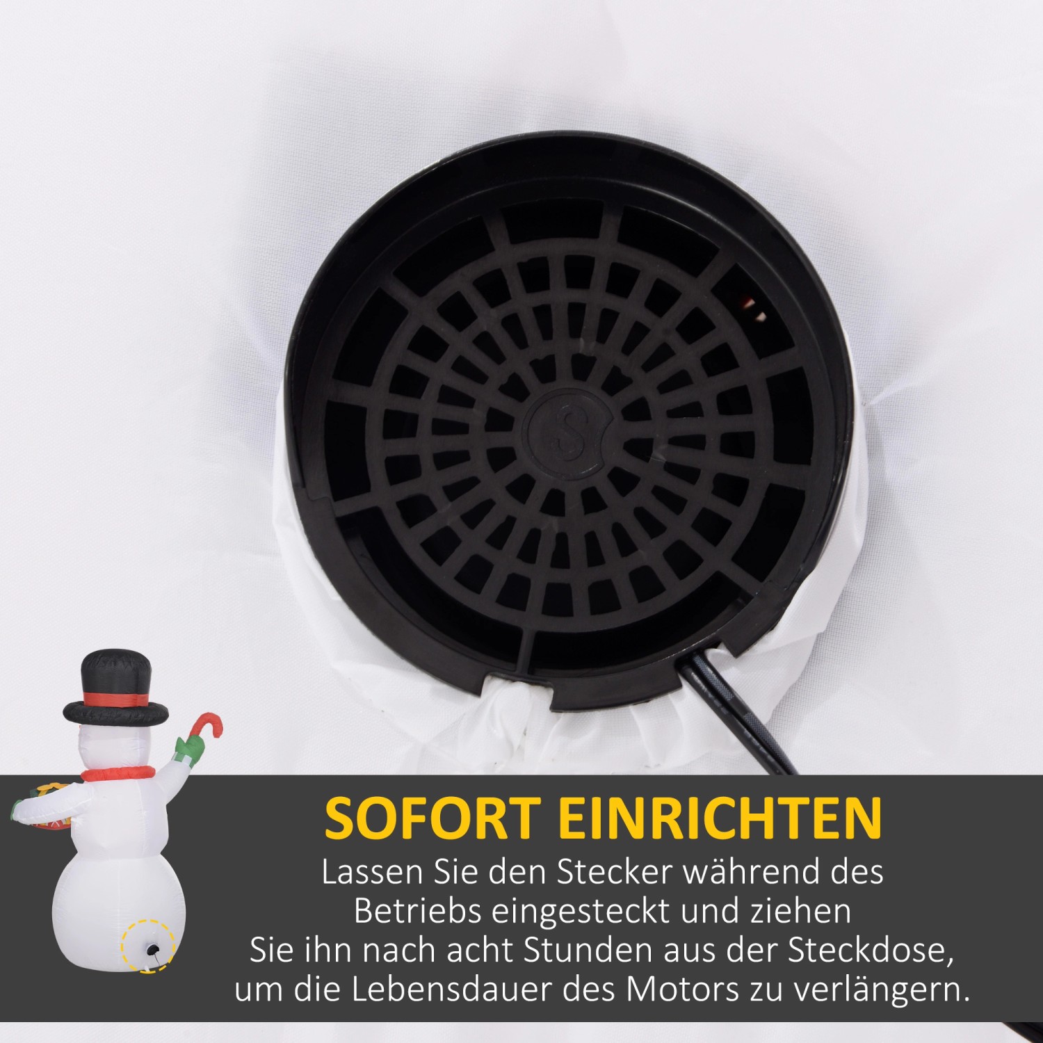 Detailaufnahme Gebläse des aufblasbaren Outsunny Schneemanns mit LED-Beleuchtung, Weihnachtsdeko für den Garten.