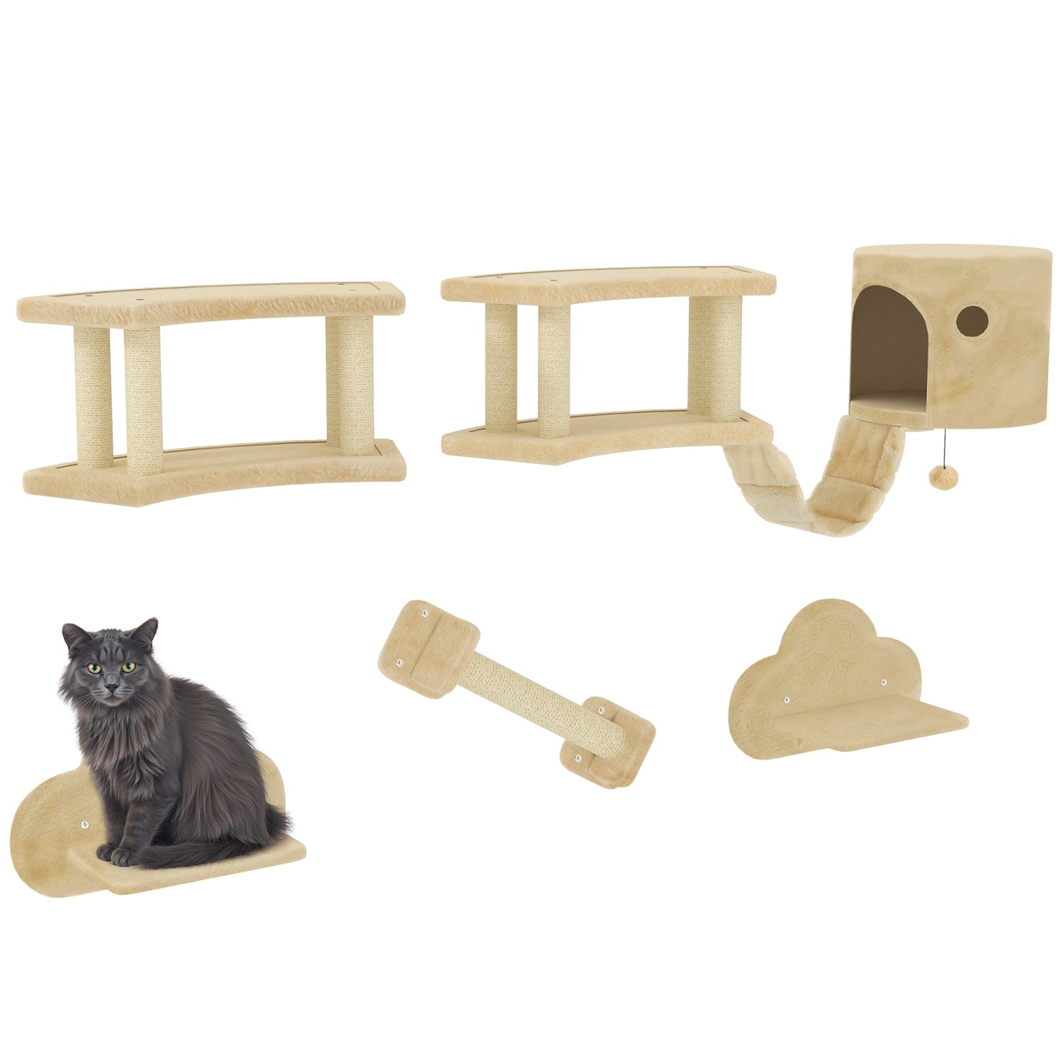 Thumbnail - PawHut Katzen Kletterwand Set Spanplatte Plüsch Beige 133L x 34B x 28H cm