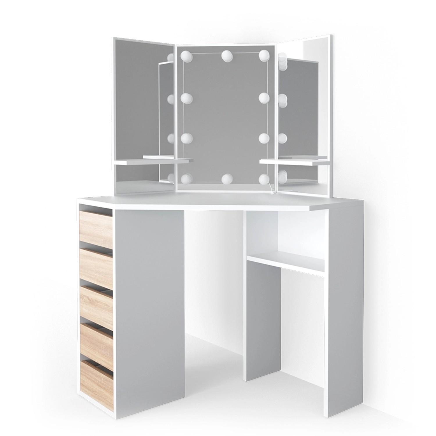 Vicco Eckschminktisch Arielle Weiß/Sonoma/Sonoma 110 cm mit LED Beleuchtung günstig online kaufen