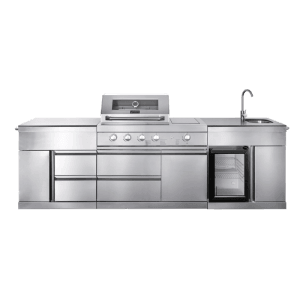 MyOutDoorKitchen Pure Plus Outdoorküche aus Edelstahl mit Grill, Spüle, Kühlschrank und Stauraum.