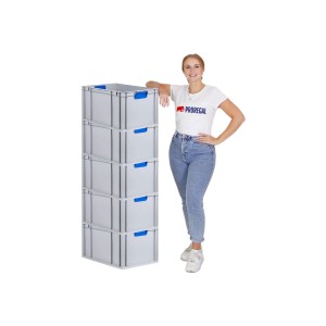 PROREGAL Spar Set: 5 graue Euroboxen mit blauen Griffen, gestapelt mit Frau.