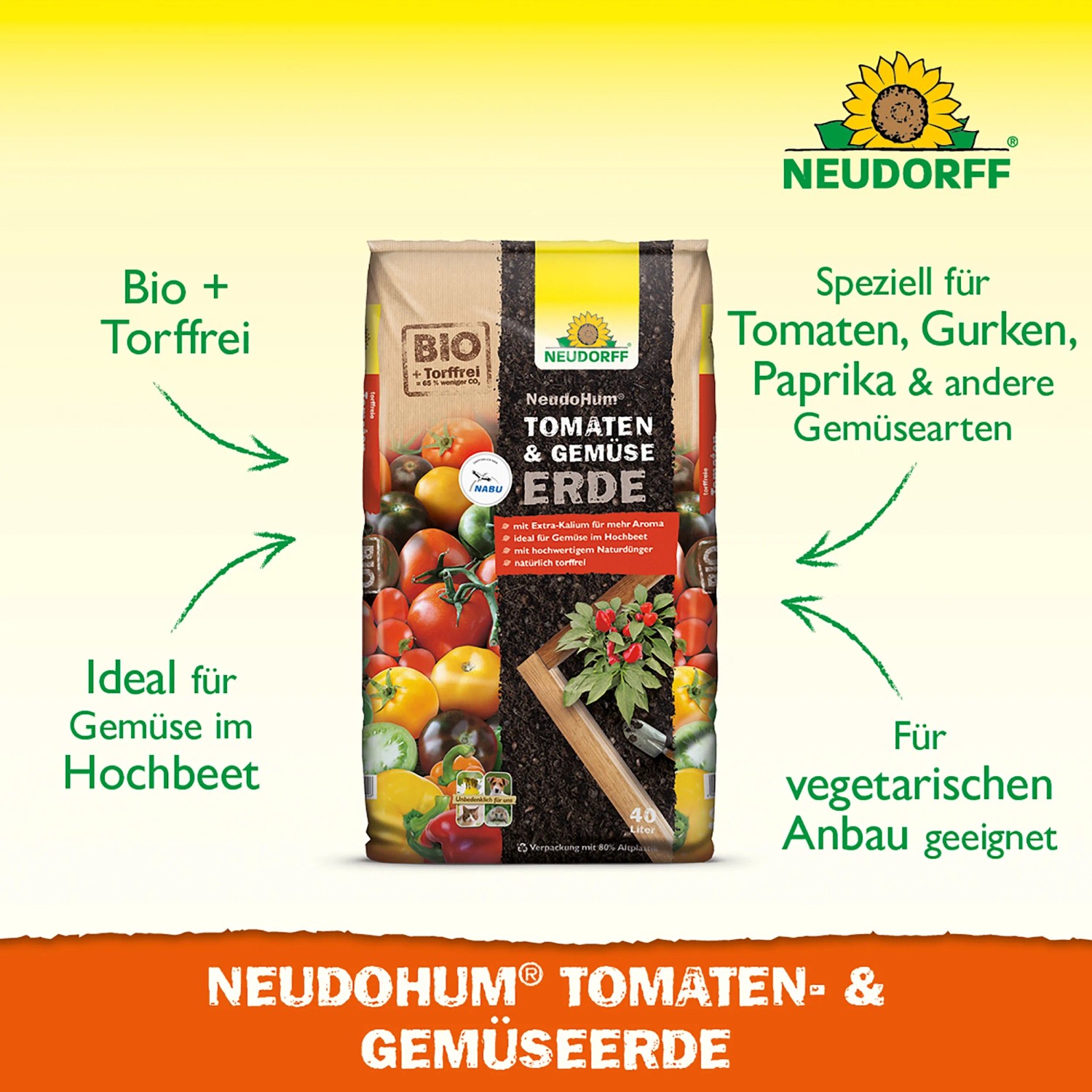 Neudorff Neudohum Tomaten- und Gemüseerde, 40 l Sack. Torffreie Bio-Erde für Tomaten, Gurken und Gemüse.