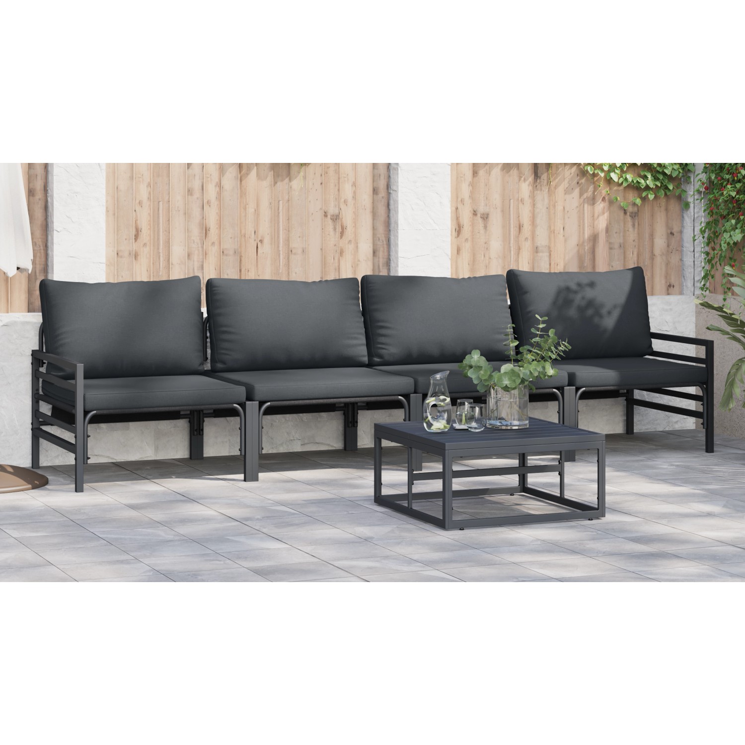 Anthrazitfarbenes vidaXL Garten-Sofa-Set, 4-teilig, mit Stahlrahmen und Tisch.