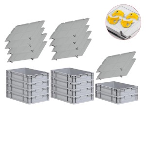 PROREGAL Spar Set: 10 graue Euroboxen mit Deckel und gelben Schiebeschnappverschlüssen.