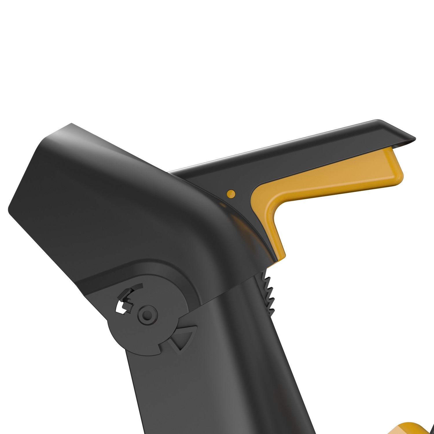 Detailaufnahme: Bedienelemente der Stiga Akku-Schneefräse ST 700e, schwarz/gelb.