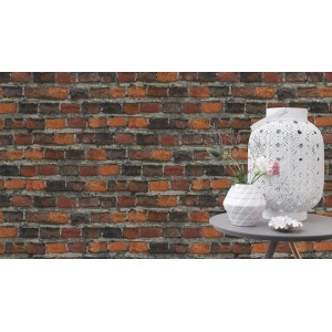 Rasch Vliestapete Factory IV mit Steinmuster in Terra, kombiniert mit Deko-Elementen.