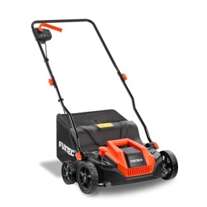FUXTEC Elektro-Vertikutierer FX-EV320ECO, schwarz-orange, mit 1300W Motor und 40L Fangkorb für Rasenpflege.