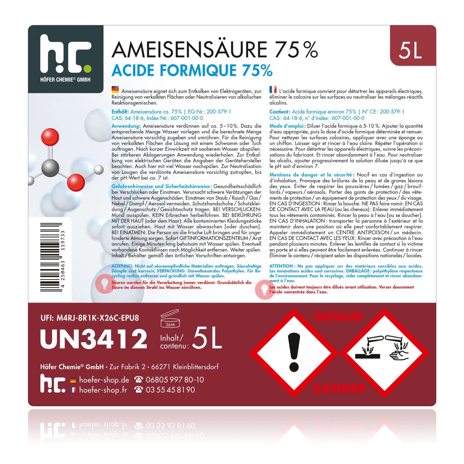 Kanister mit 2x5l Höfer Chemie Ameisensäure 75% in technischer Qualität. Reinigungsmittel.