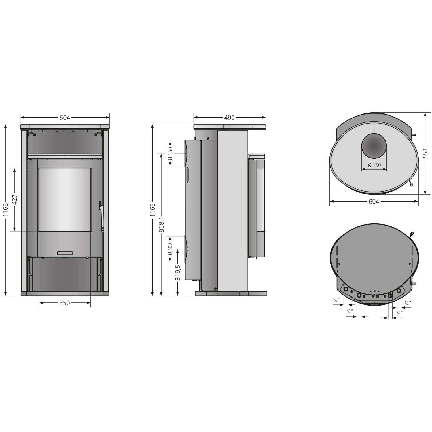 Technische Zeichnung: Justus Kaminofen Island Aqua Schwarz 10 kW mit Maßen und Anschlüssen.