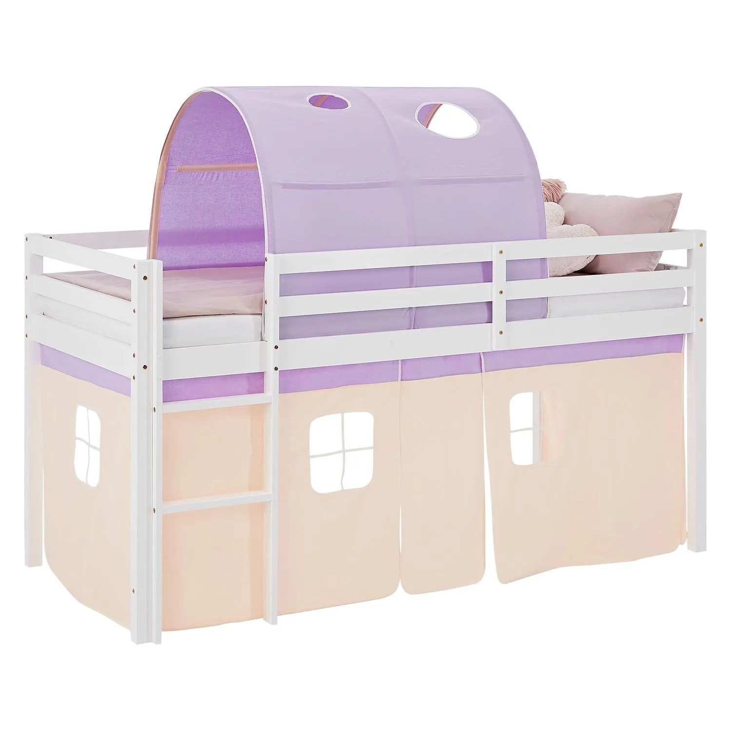Homestyle4u Kinderbett Hochbett 90x200 mit Lattenrost Tunnel Vorhang Lila Orange 2955