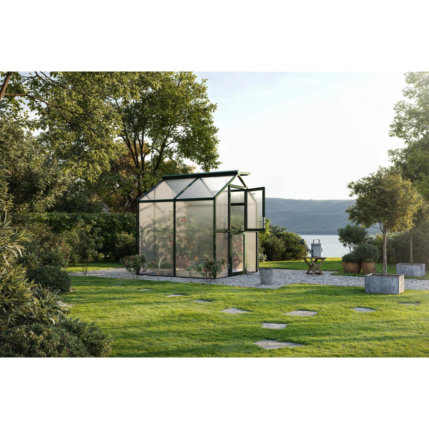 KGT Gewächshaus Galant II, tannengrün, 4,48 m², mit geöffneter Tür im Garten.