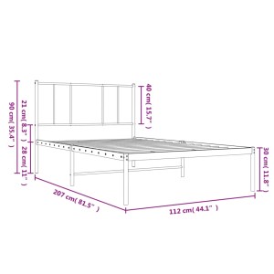 Schwarzes Metall Bettgestell (107x203 cm) mit Lattenrost und Kopfteil.