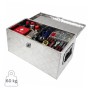 Offene PROREGAL Deichselbox aus Aluminium mit Werkzeug und Zubehör für PKW Anhänger.