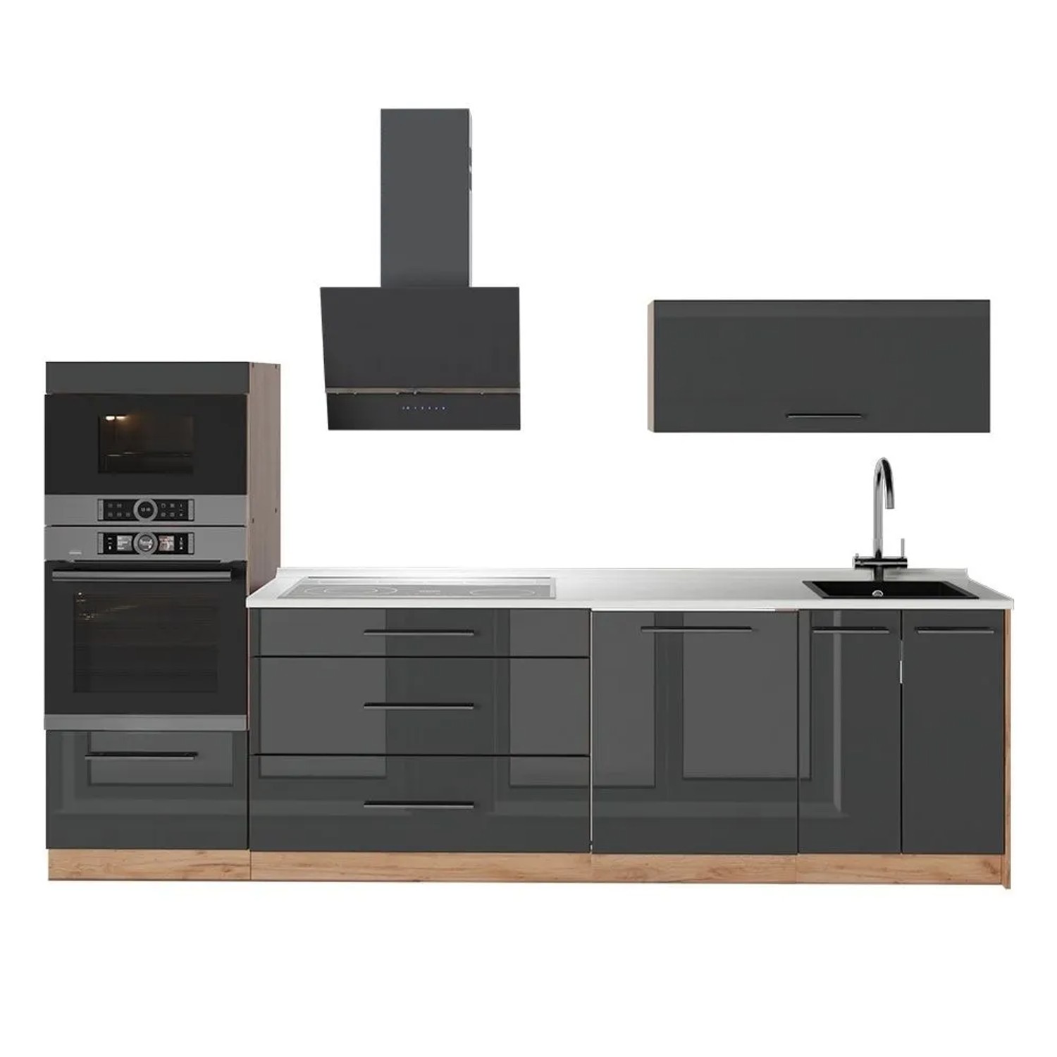 Vicco Küchenzeile Fame-Line Anthrazit Hochglanz/Goldkraft Eiche 280 x 154 AP Marmor Art Nr 64685