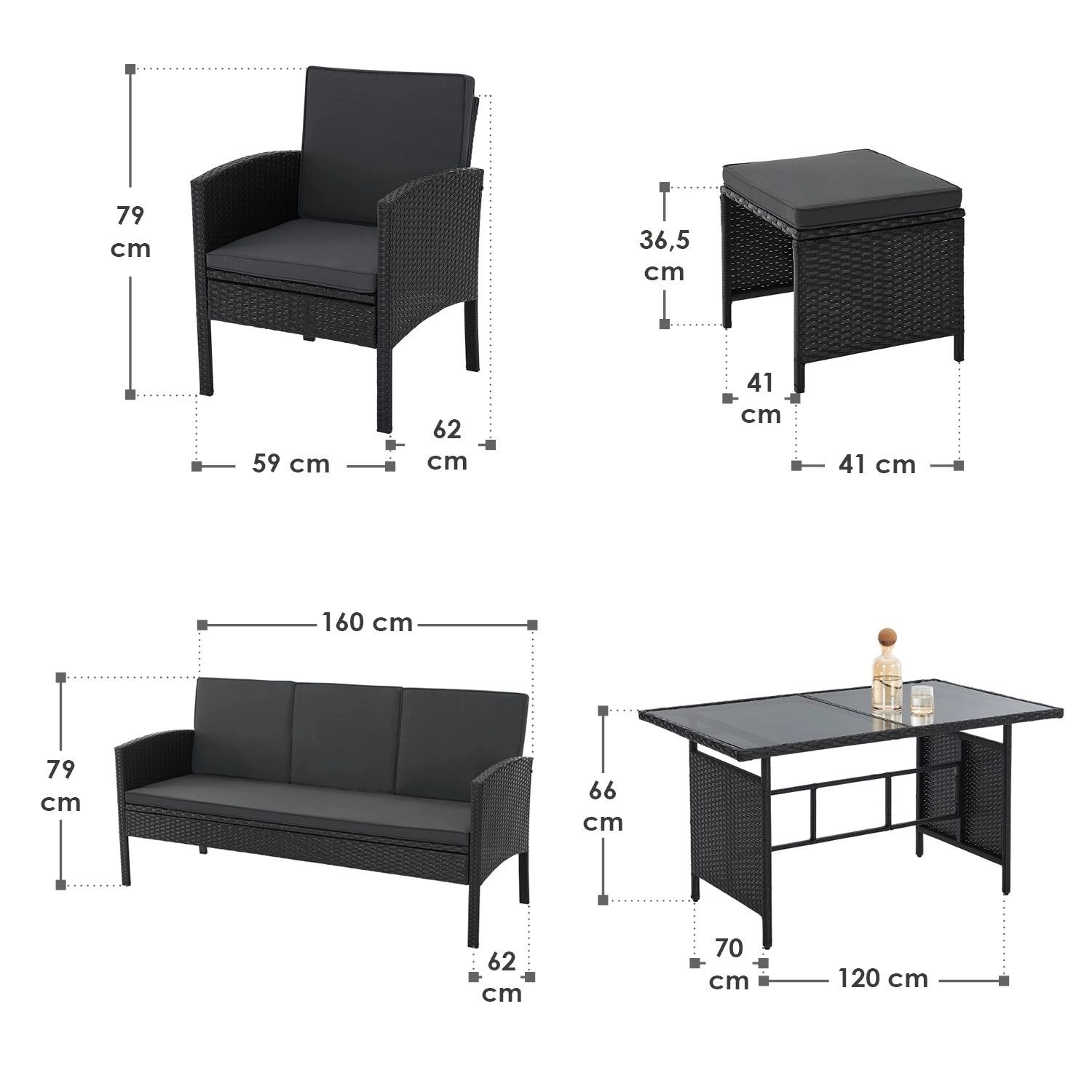 Juskys Polyrattan Gartenmöbel Sitzgruppe Turin Schwarz, Maße von Sessel, Bank, Tisch und Hocker