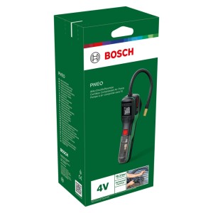 Verpackung der Bosch Akku-Druckluftpumpe Pneo, Akkugerät mit digitalem Display.