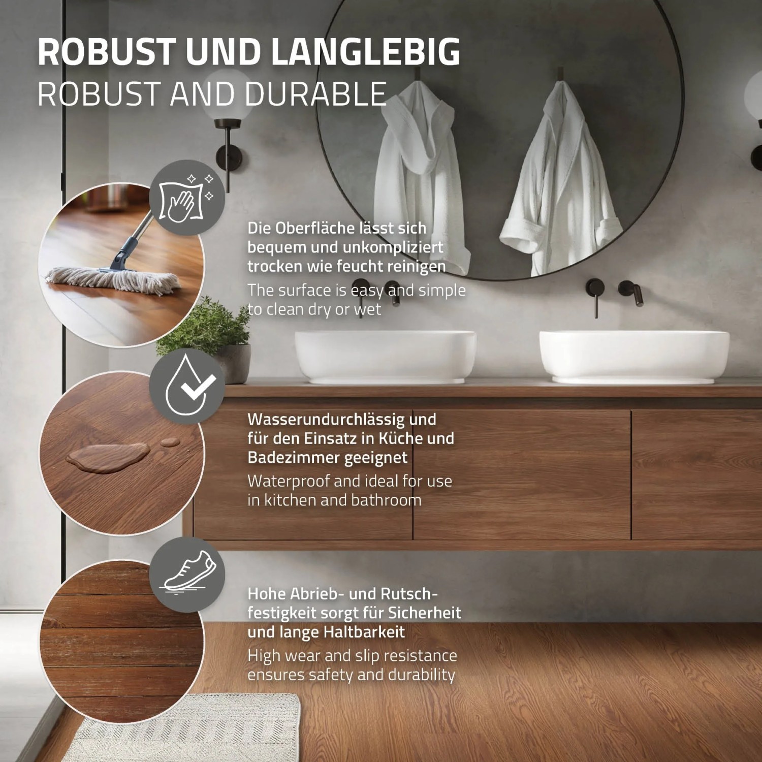 ML-Design Vinylboden Roteiche Braun im Bad: Selbstklebender PVC Bodenbelag, wasserfest und pflegeleicht.