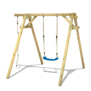 Wickey Schaukel Smart Move Rot mit blauem Schaukelsitz und Holzgestell für den Garten.