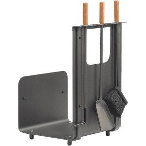 Lienbacher Holzkorb mit Kamingarnitur, 3-teilig, anthrazit beschichtet, mit Besen, Schaufel und Schürhaken.