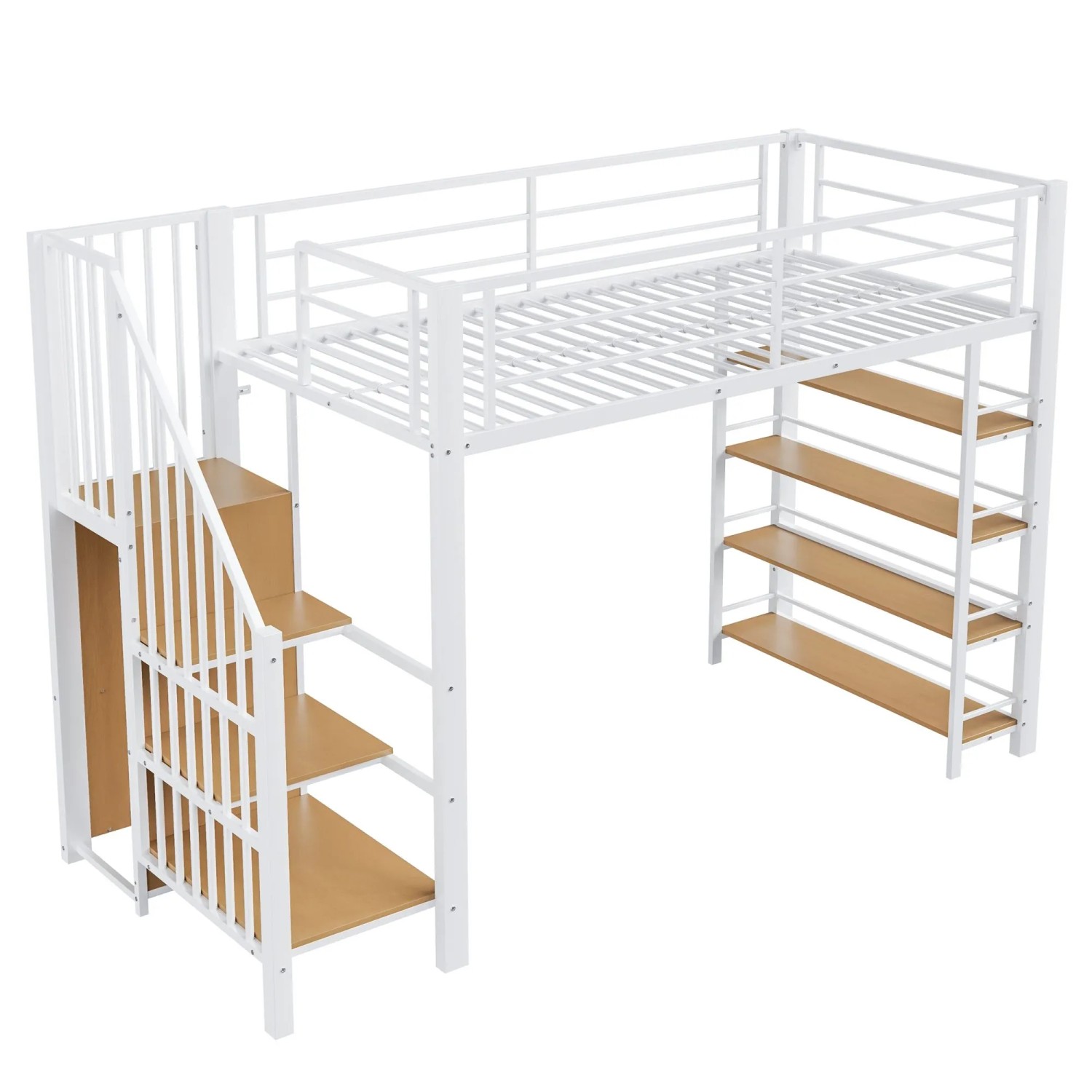 okwish Hochbett 90x200cm mit Treppe Stauraum und Kleiderschrank Jugendzimmer Weiß ohne Matratze