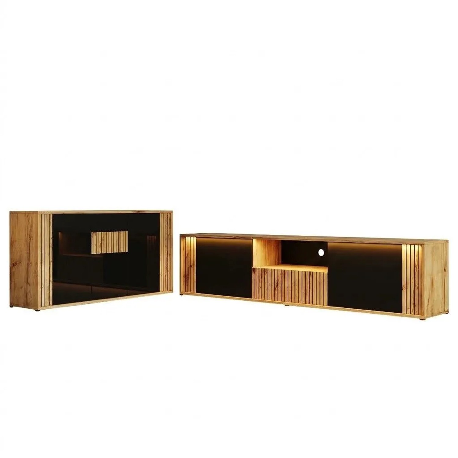 Merax TV Lowboard Sideboard Set Zweiteilig Mit TV Schrank Für 75 Zoll Schwarz Holzoptik