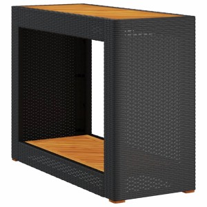 Schwarzer vidaXL Garten-Beistelltisch aus Rattan mit Holzplatte.