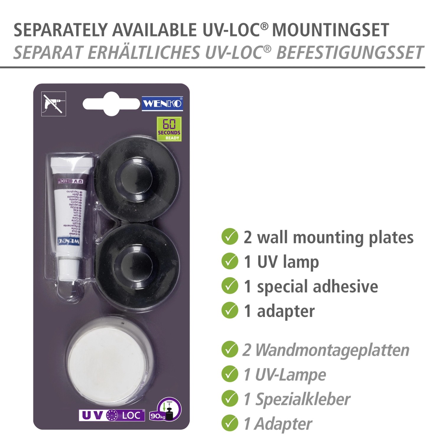 Wenko UV-Loc Befestigungsset mit Kleber, UV-Lampe, Adapter und Montageplatten für Bad-Accessoires.