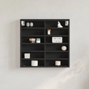 Schwarzer vidaXL Vitrinenschrank (60x8,5x58 cm) aus Holzwerkstoff, Wandregal mit 12 Fächern.