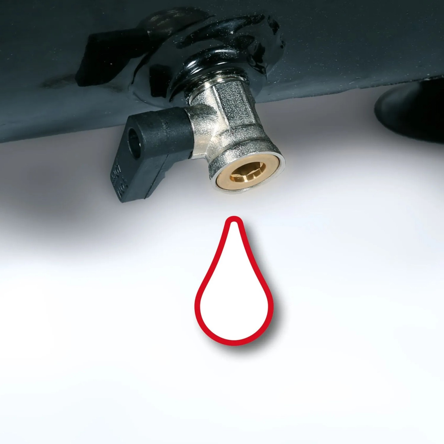 Detailaufnahme: Entwässerungsschraube am Einhell Kompressor TE-AC 6 Silent mit Symbol für Wasserablass.