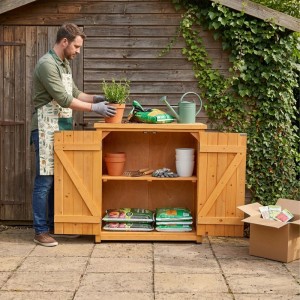 Relaxdays Pflanztisch Tannenholz Stahl Orange mit Unterschrank 90 cm x 75 cm x 40 cm