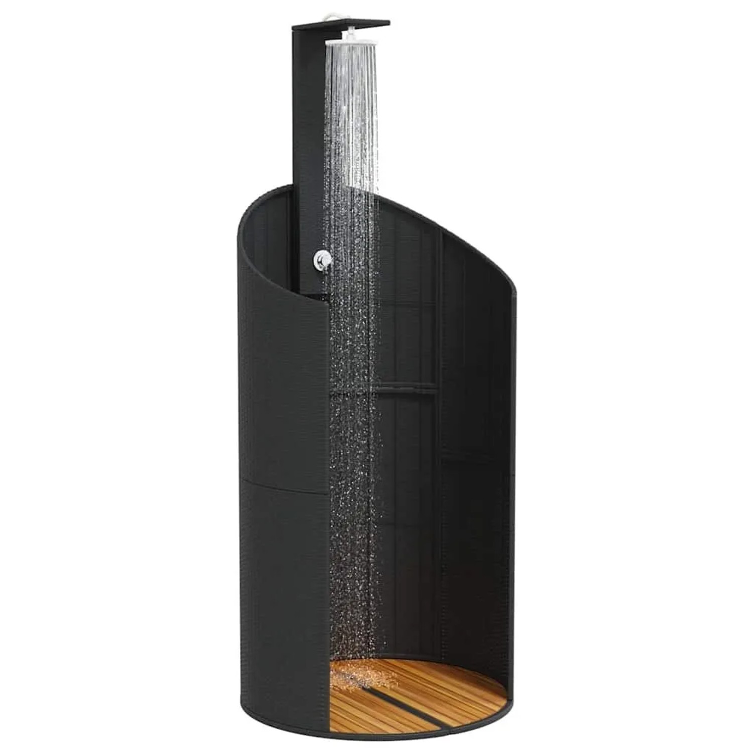 Schwarze vidaXL Gartendusche aus Rattan & Akazienholz mit Duschstrahl.