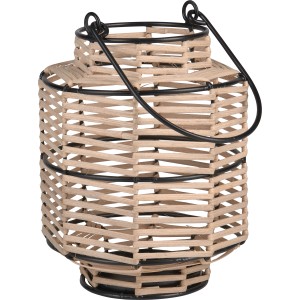 Dekorative Innen-Laterne im Zen-Stil aus Schilf und Eisen, schwarz und naturfarben, 22,5 cm hoch.