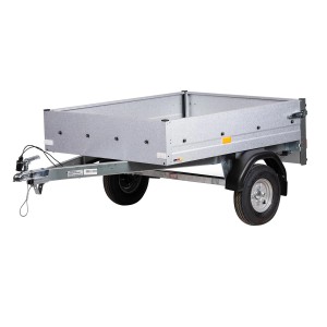 Stema Mini 350 Quad- und PKW-Anhänger, ungebremst, mit kleiner Ladefläche und abklappbarer Rückwand.