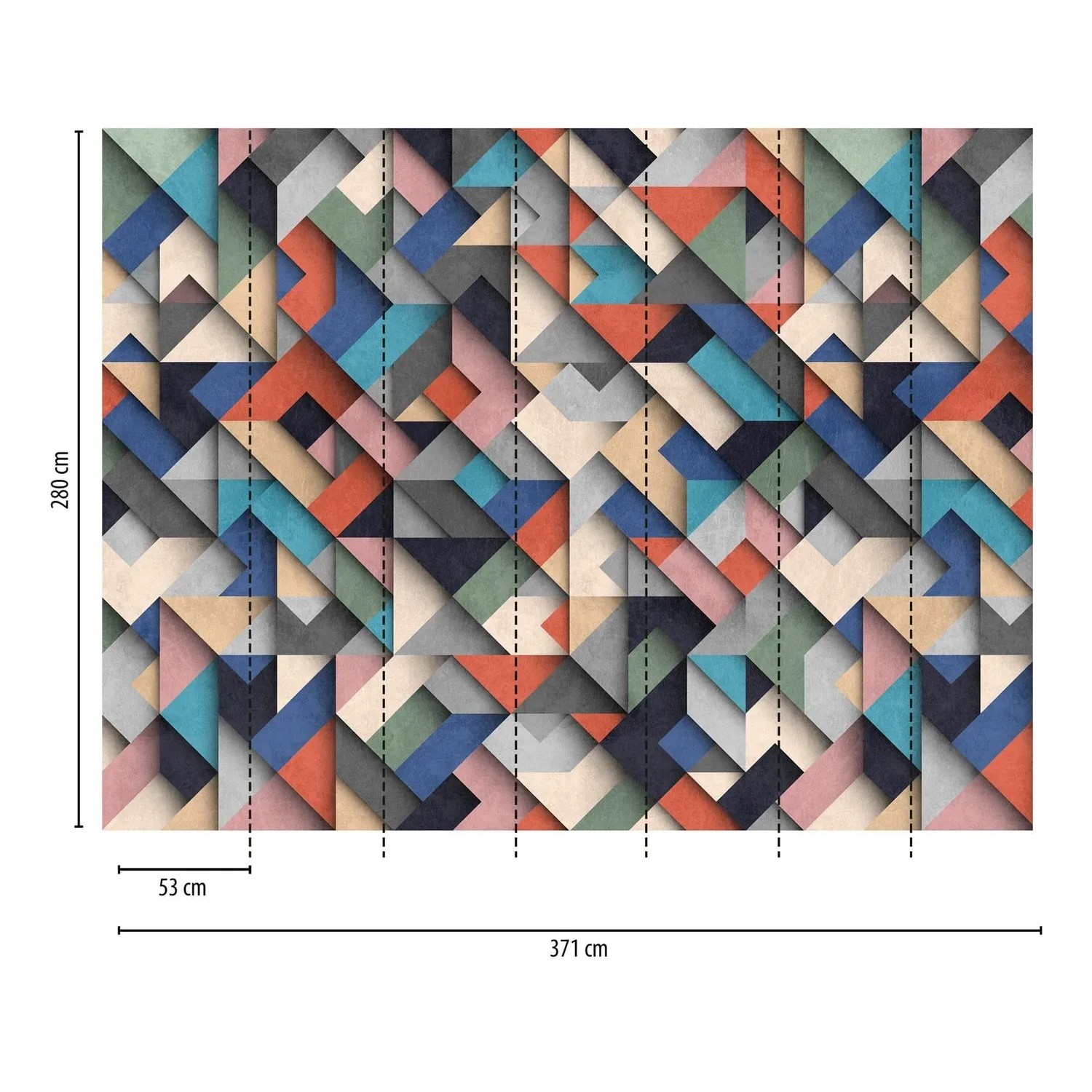 Fototapete mit 3D-Effekt und geometrischem Muster in Blau, Rosa, Rot und Beige.