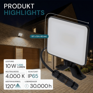 LUXULA LED Fluter 10W 4000K Neutralweiß Außenstrahler Schwarz IP65 Plug-In Sensor Vorrichtung & Schnellverbinder