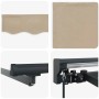 Beige einziehbare Markise aus Polyester und Metall. Detailansicht von Stoff, Rahmen und Mechanismus für Sonnenschutz.