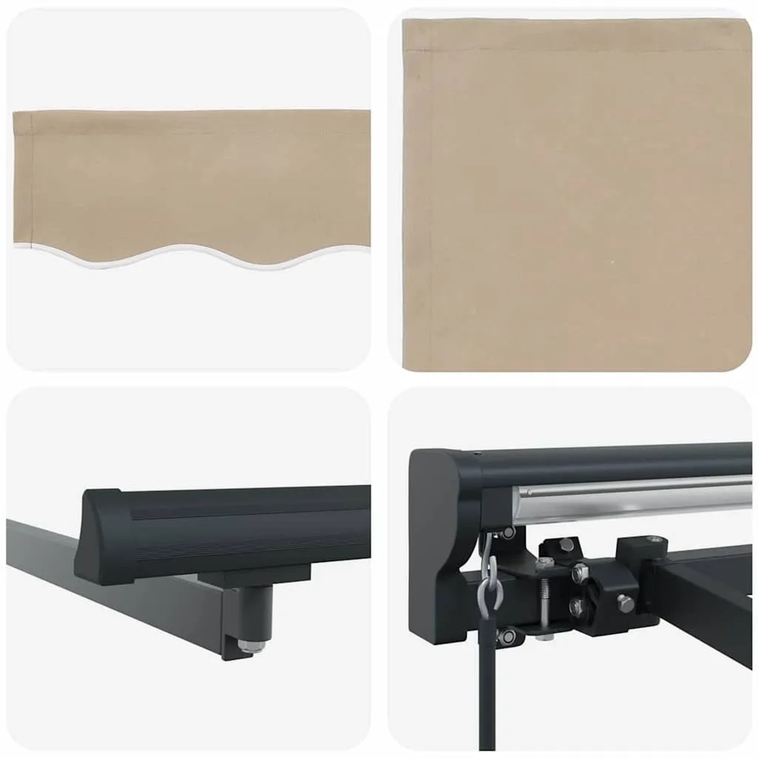 Beige einziehbare Markise aus Polyester und Metall. Detailansicht von Stoff, Rahmen und Mechanismus für Sonnenschutz.