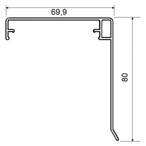 Technische Zeichnung: T&J Wetterschenkel-Klemmdeckel, Pressblank, 5000 mm, Maße 69,9 x 80 mm.