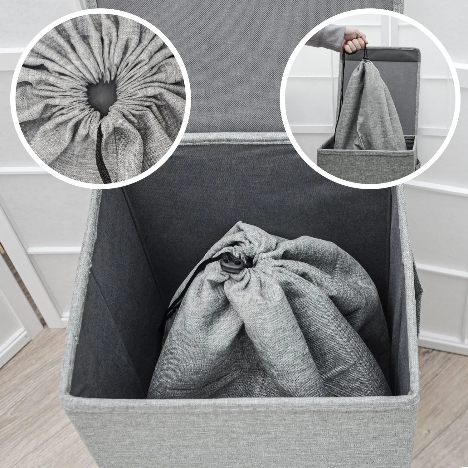 Grauer Wäschesammler mit passendem Wäschesack (100L/60L) und Kordelzug. Ideal für Waschen & Trocknen.