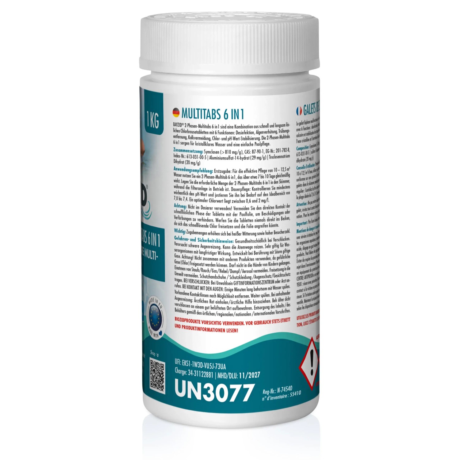 Bayzid 6in1 Multitabs 200g/1kg für Poolreinigung im weißen Behälter.