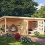 Karibu Gartenhaus Sölve 6 mit Anbaudach, naturbelassen, im Garten mit Hängesesseln.