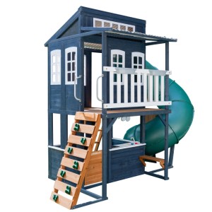KidKraft Cozy Escape Spielhaus mit Rutsche, Kletterwand und Kinderküche in Marineblau.