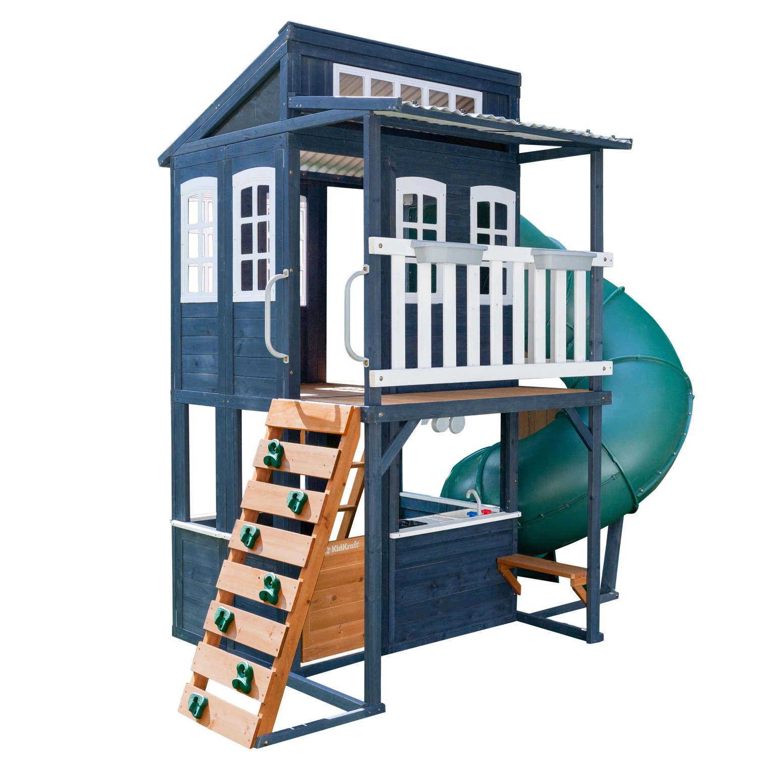KidKraft Cozy Escape Spielturm mit Rutsche – Zweistöckiges Outdoor Klettergerüst mit Tunnelrutsche, Kletterwand & Spielküche Marineblau