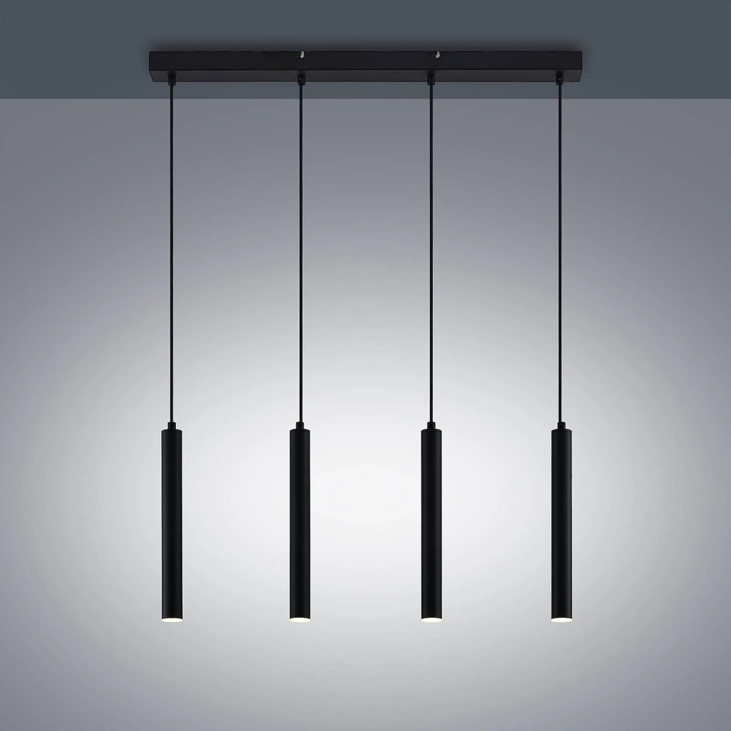 Moderne, schwarze 4-flammige LED-Hängeleuchte Kammeron aus Metall für Wohnzimmer.