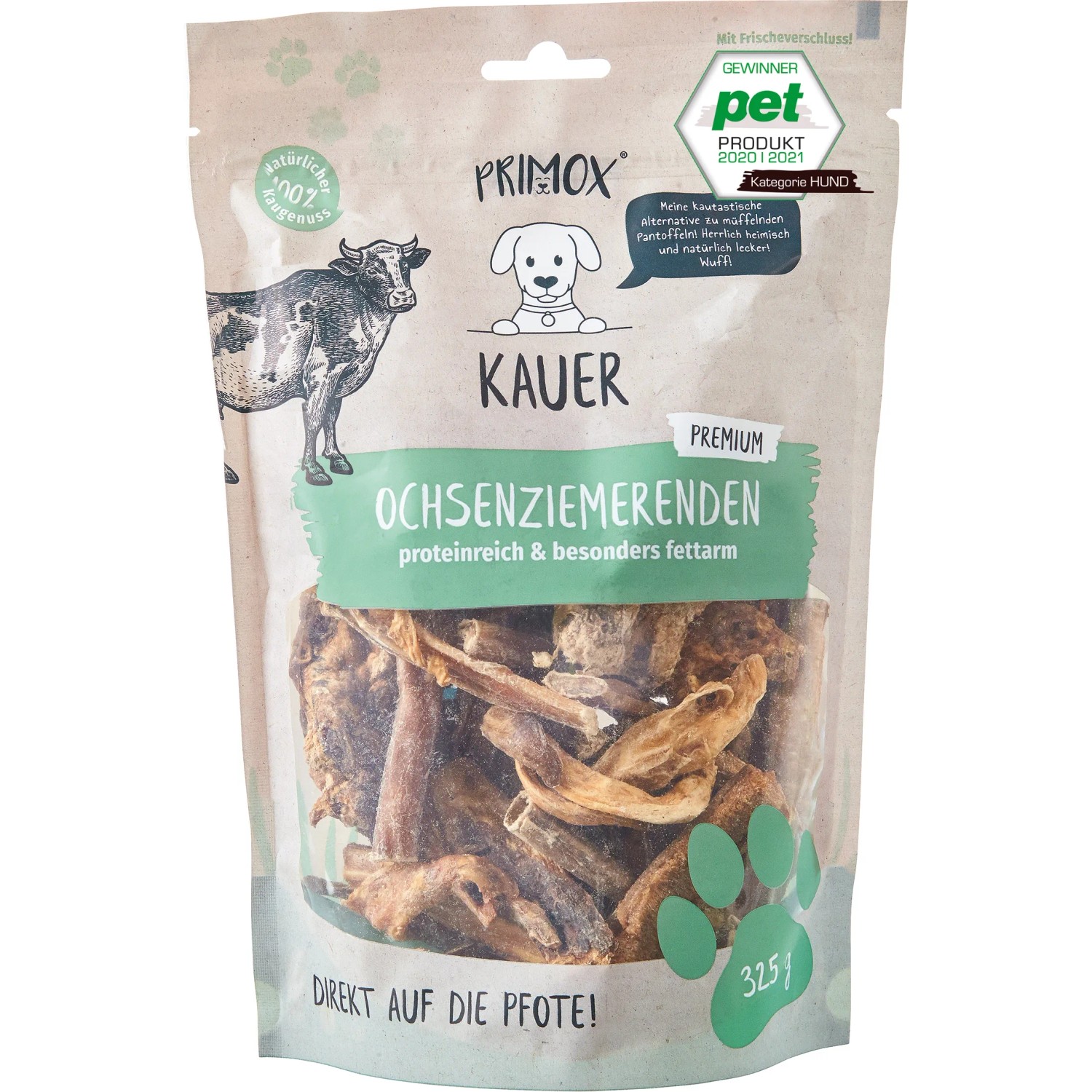 Primox Hunde-Snack Ochsenziemerenden, 325g Packung. Natürlicher Kausnack für Hunde.