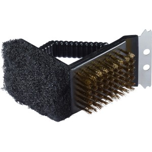 3-in-1 Grillbürste mit Messingborsten, Schwamm und Schaber zur Grillreinigung.